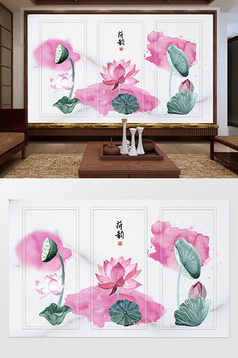 新中式简约禅意水墨荷花壁画背景墙装饰画图片