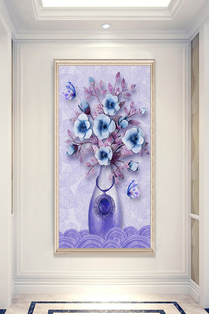 中式唯美花瓶花卉蝴蝶玄关装饰画图片