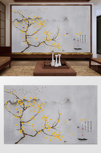 中式手绘银杏工笔花鸟背景墙装饰画图片