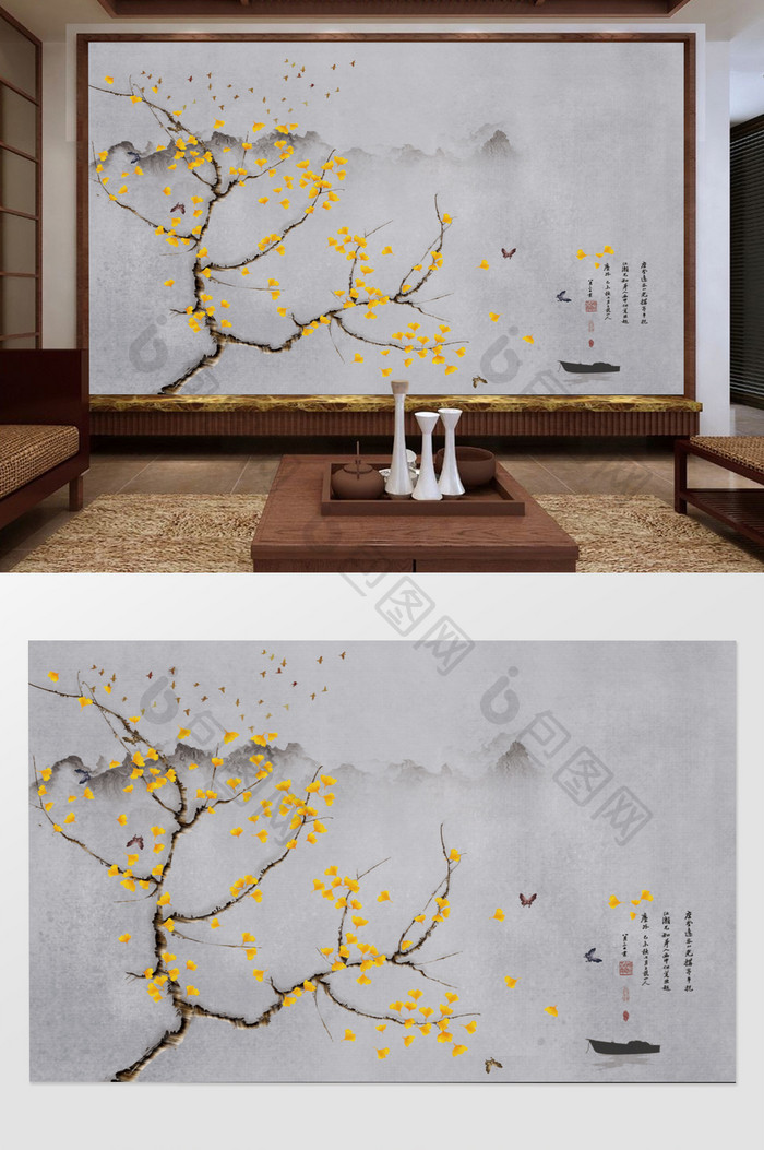 中式手绘银杏工笔花鸟背景墙装饰画