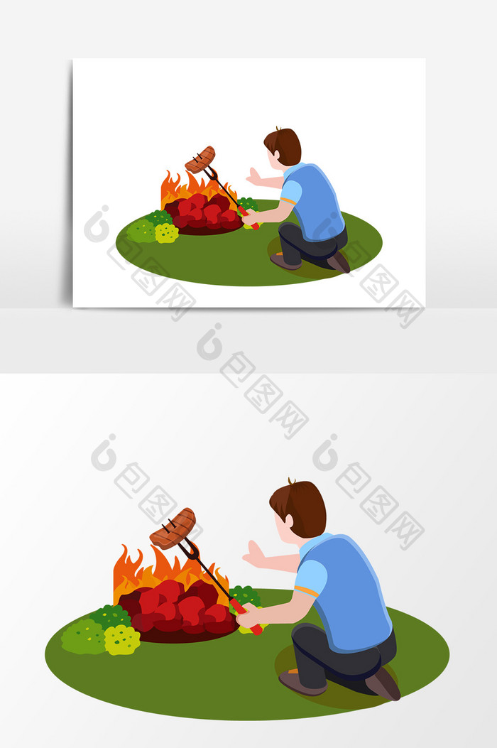卡通手绘火堆烤肉元素