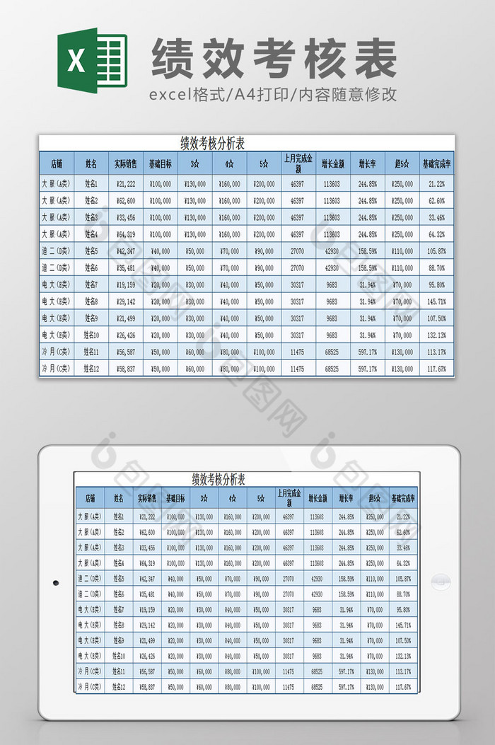 清新蓝色绩效考核分析表excel模板图片图片