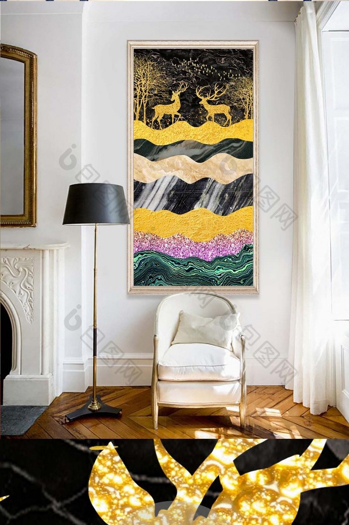 北欧大理石麋鹿背景玄关金色装饰画