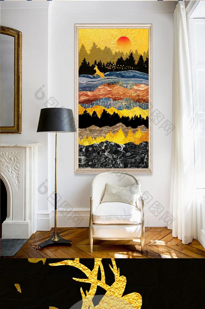 北欧大理石麋鹿森林玄关金色装饰画