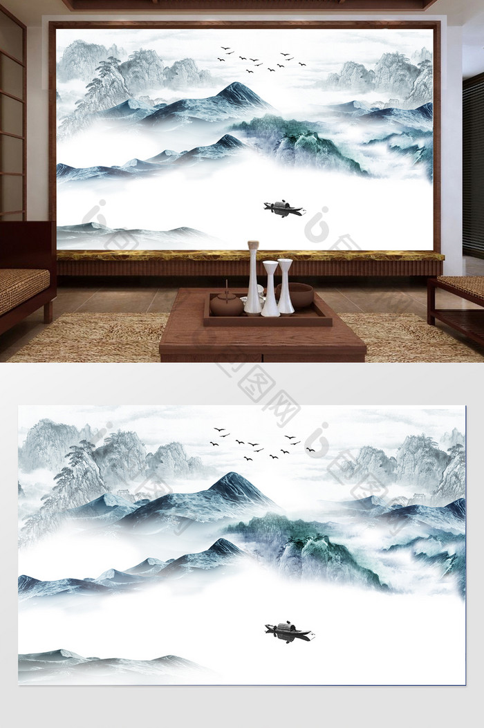 新中式禅意水墨山水画电视背景墙气壮山河