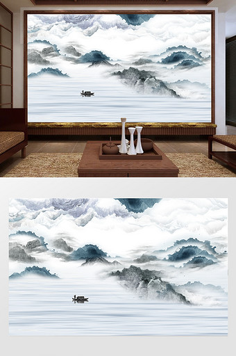新中式禅意水墨山水画电视背景墙山水印象图片
