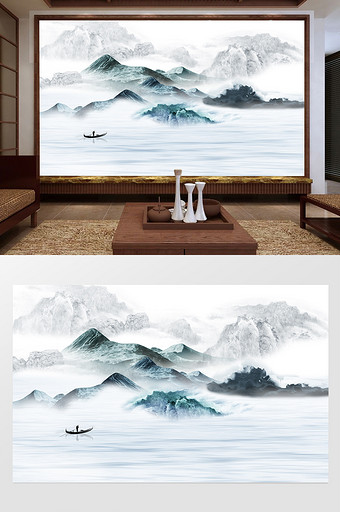 新中式禅意水墨山水画电视背景墙山清水秀图片