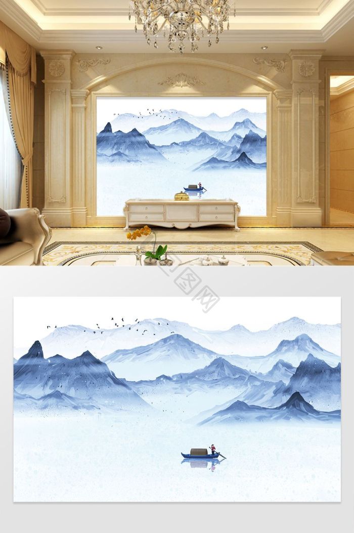 新中式禅意水墨山水画电视背景墙山清水秀