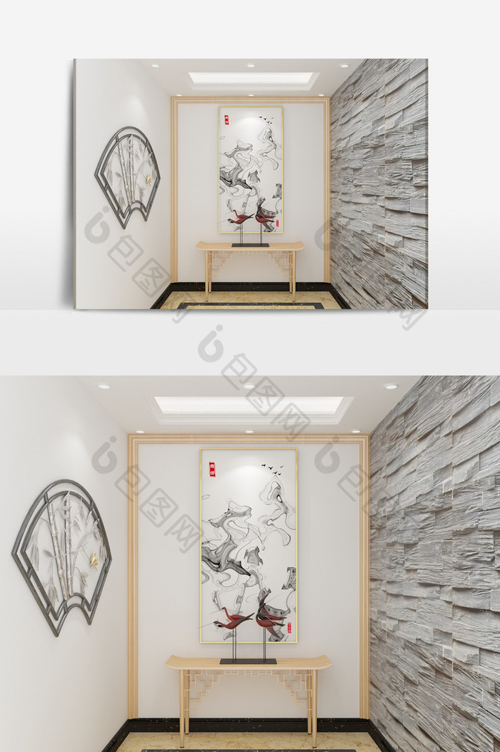 中式艺术装饰玄关背景画模型