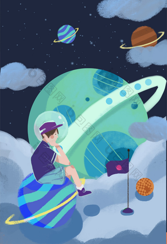 扁平宇宙插画太空宇航员手绘宇航员卡通星球