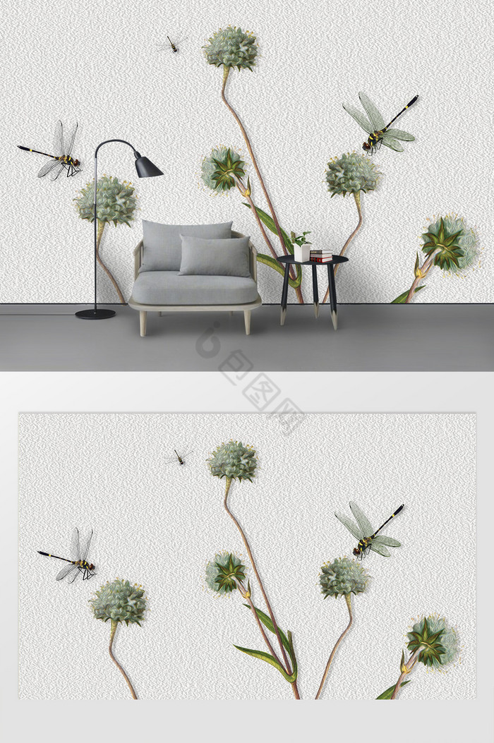 现代简约立体蜻蜓花草装饰背景墙图片