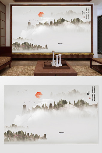 新中式中国风顺风顺水国画山水电视背景墙图片
