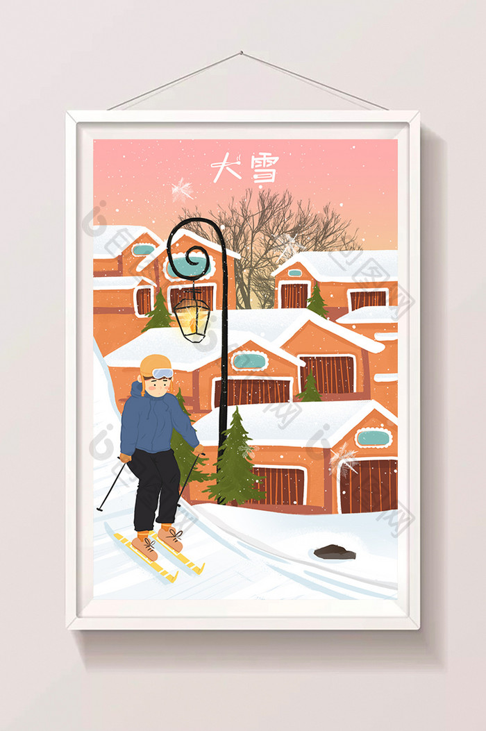 卡通清新冬日大雪滑雪雪村街道风景插画