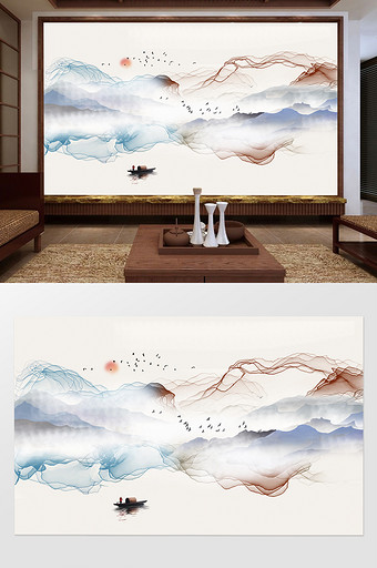 新中式抽象水墨唯美山水背景墙定制图片