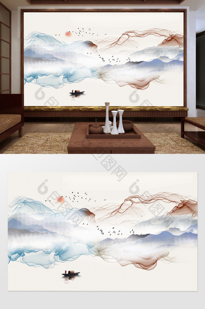 新中式抽象水墨唯美山水背景墙定制