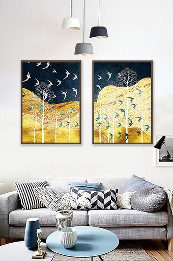 抽象现代简约金箔金色黑金山水树木装饰画图片