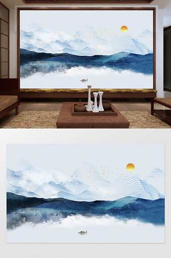 新中式蓝色抽象水墨山水电视背景墙定制图片