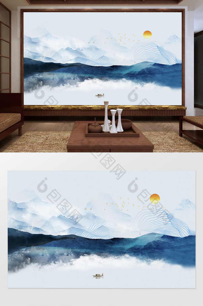 新中式蓝色抽象水墨山水电视背景墙定制