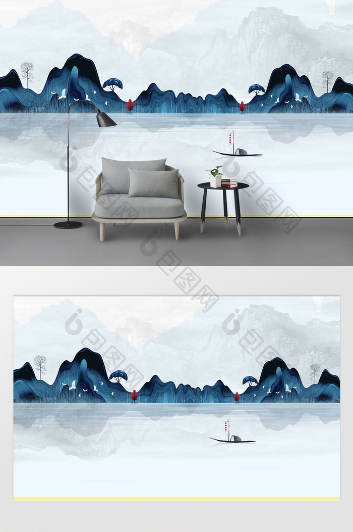 新中式水墨国画抽象山水背景墙国画山河