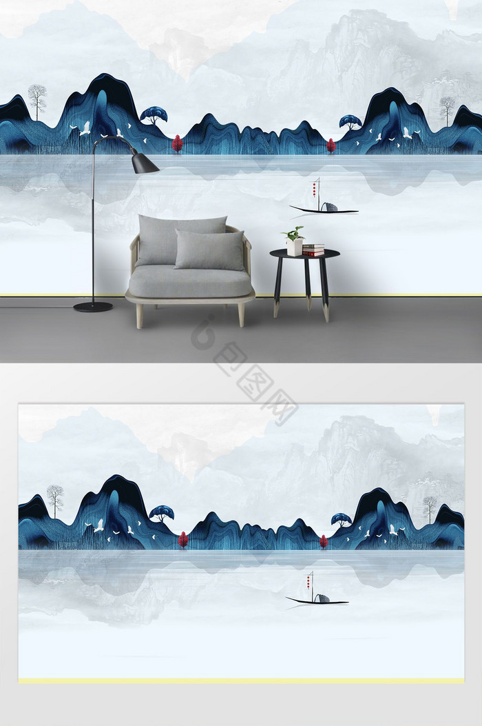 新中式水墨国画抽象山水背景墙国画山河图片