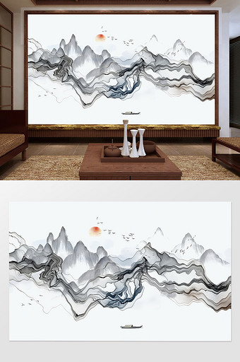 新中式抽象水墨唯美背景墙定制图片
