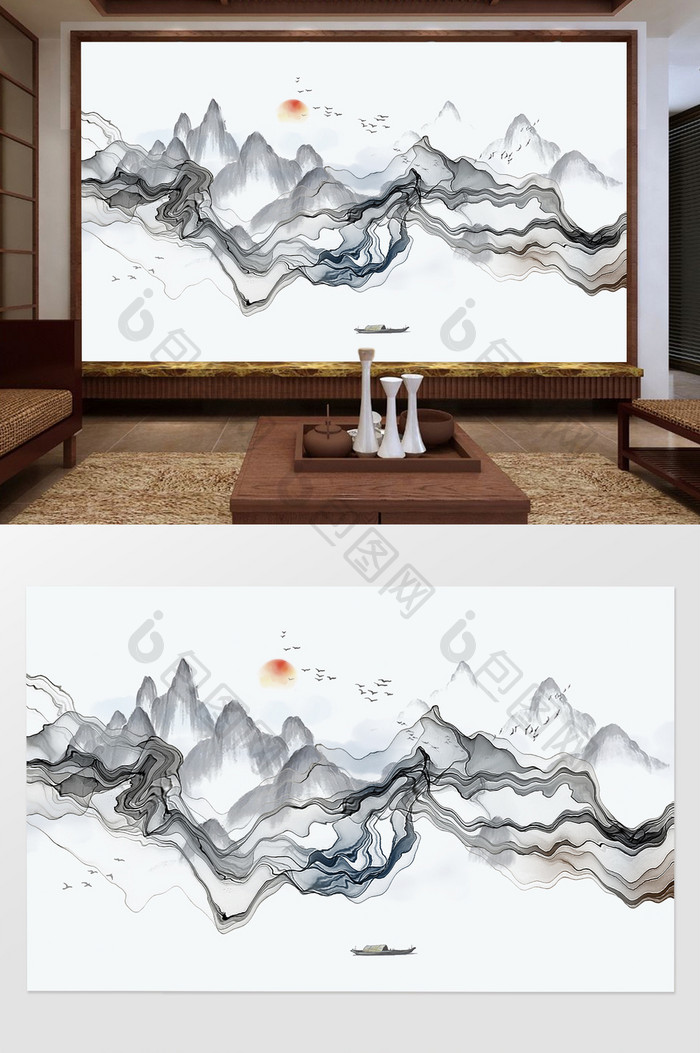 新中式抽象水墨唯美背景墙定制