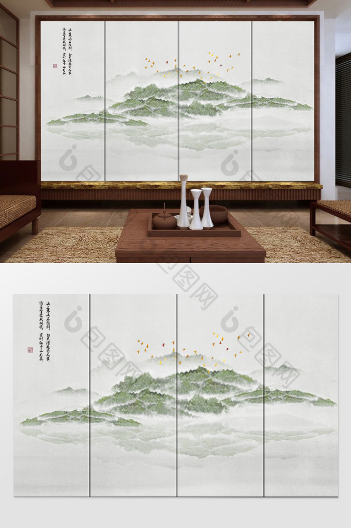 奢华大气意境水墨山水新中式电视沙发背景墙