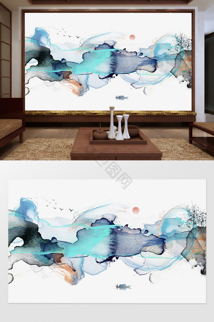 原创新中式抽象水墨山水背景墙图片