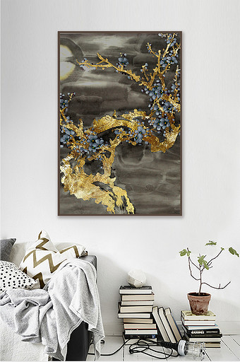 新中式金箔树干植物花朵抽象装饰画素材图片