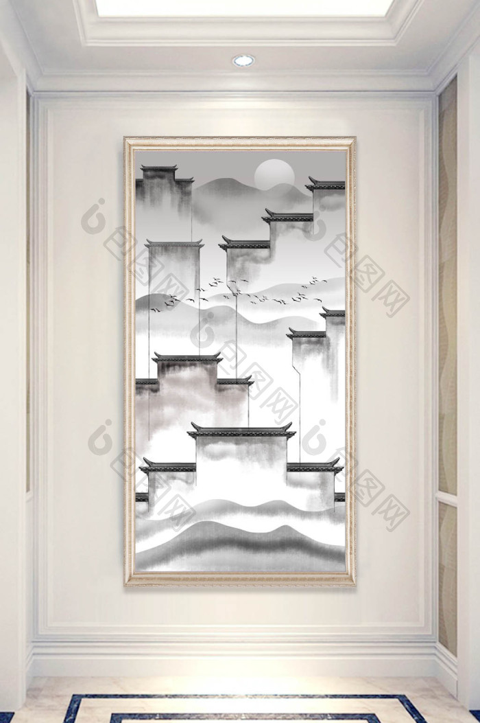 新中式水墨徽派建筑山水玄关画