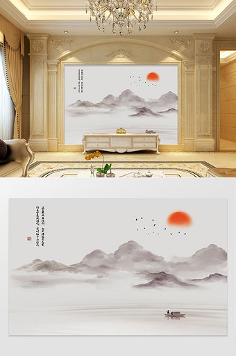 新中式抽象水墨烟雾山水背景墙图片