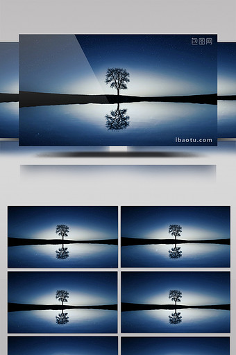 蓝色梦幻小树湖畔倒影图片