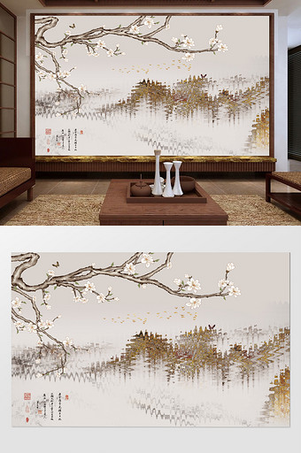 玉兰新中式手绘工笔花鸟山水背景墙图片