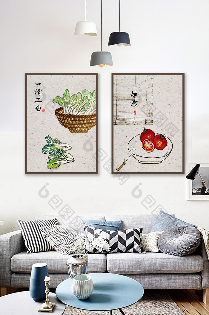 中国风复古民俗蔬菜二联装饰画