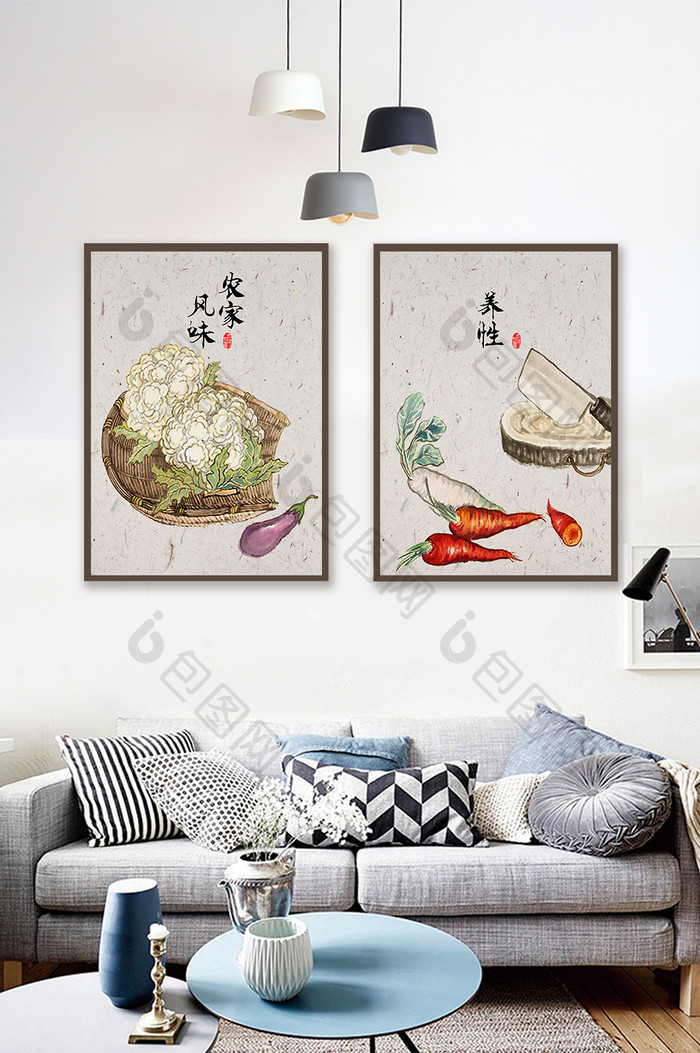 新中式复古手绘民俗蔬菜装饰画