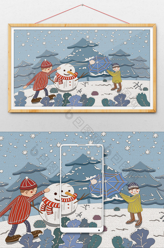 小寒雪景堆雪人卡通手绘插画扁平
