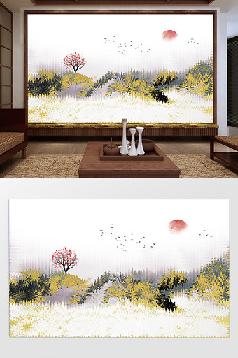 新中式创意抽象意境水墨日出山水背景墙图片
