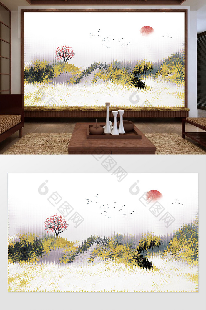 新中式创意抽象意境水墨日出山水背景墙图片图片