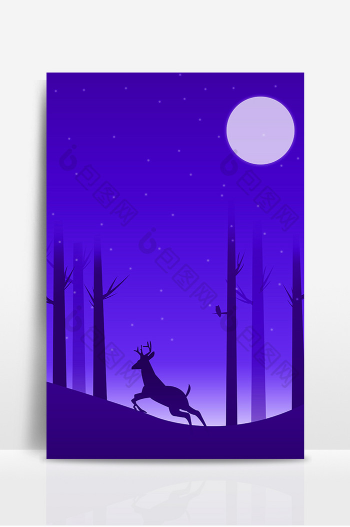月夜麋鹿风景插画海报背景