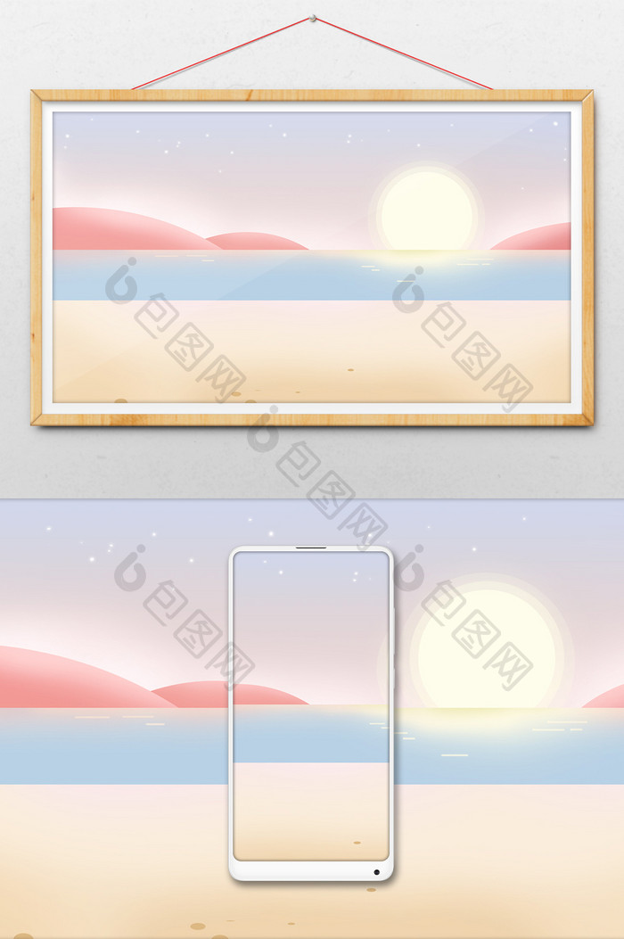 手绘太阳初升的海边沙滩插画背景