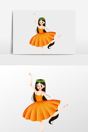 手绘穿橘色裙子跳舞的女孩插画元素图片