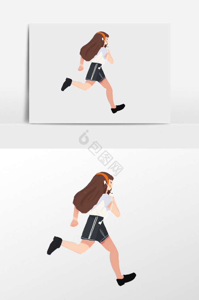 戴耳机跑步的女孩插画图片