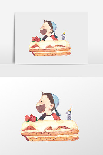 手绘吃蛋糕的男孩插画元素图片