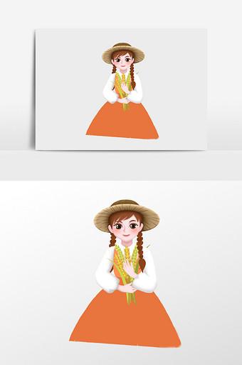 手绘穿橘色裙子戴草帽的女孩插画元素图片