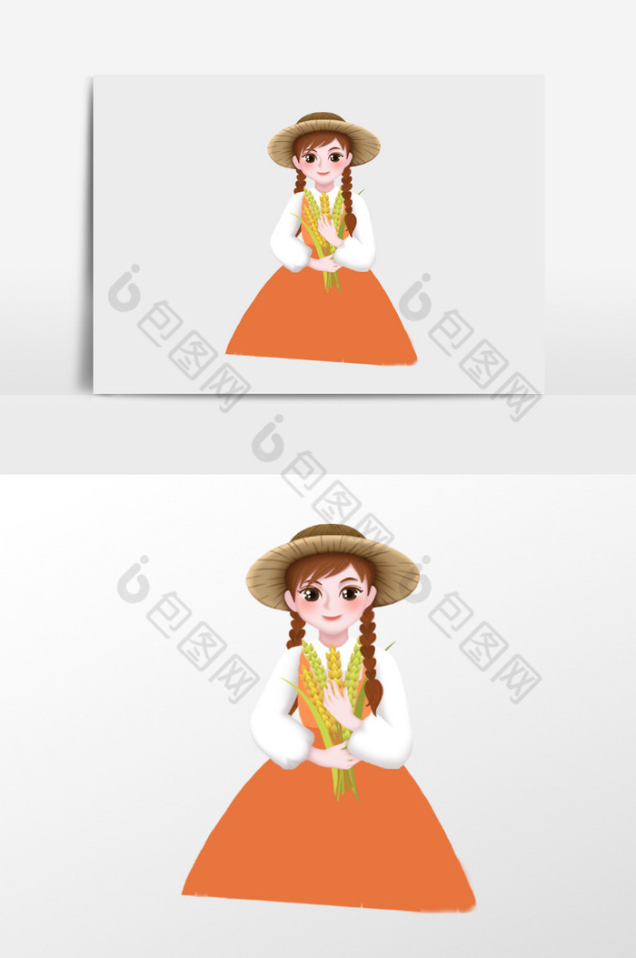 穿橘色裙子戴草帽的女孩插画图片图片