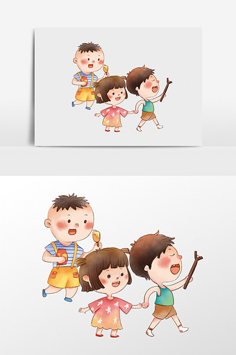 手绘玩耍的一群小孩子插画背景图片