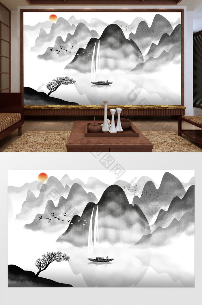 中式手绘写意山水画背景装饰画