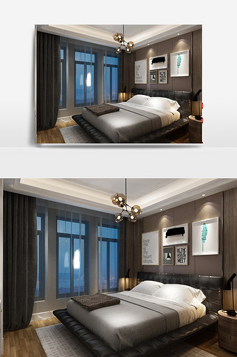 灰色双人床和深褐色实木床头柜图片
