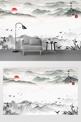 抽象新中式水墨烟雾山水背景墙图片