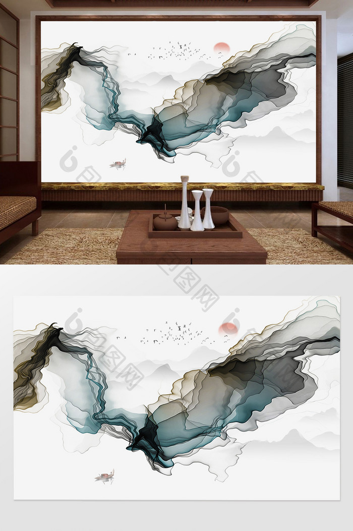 新中式抽象唯美手绘山水背景墙